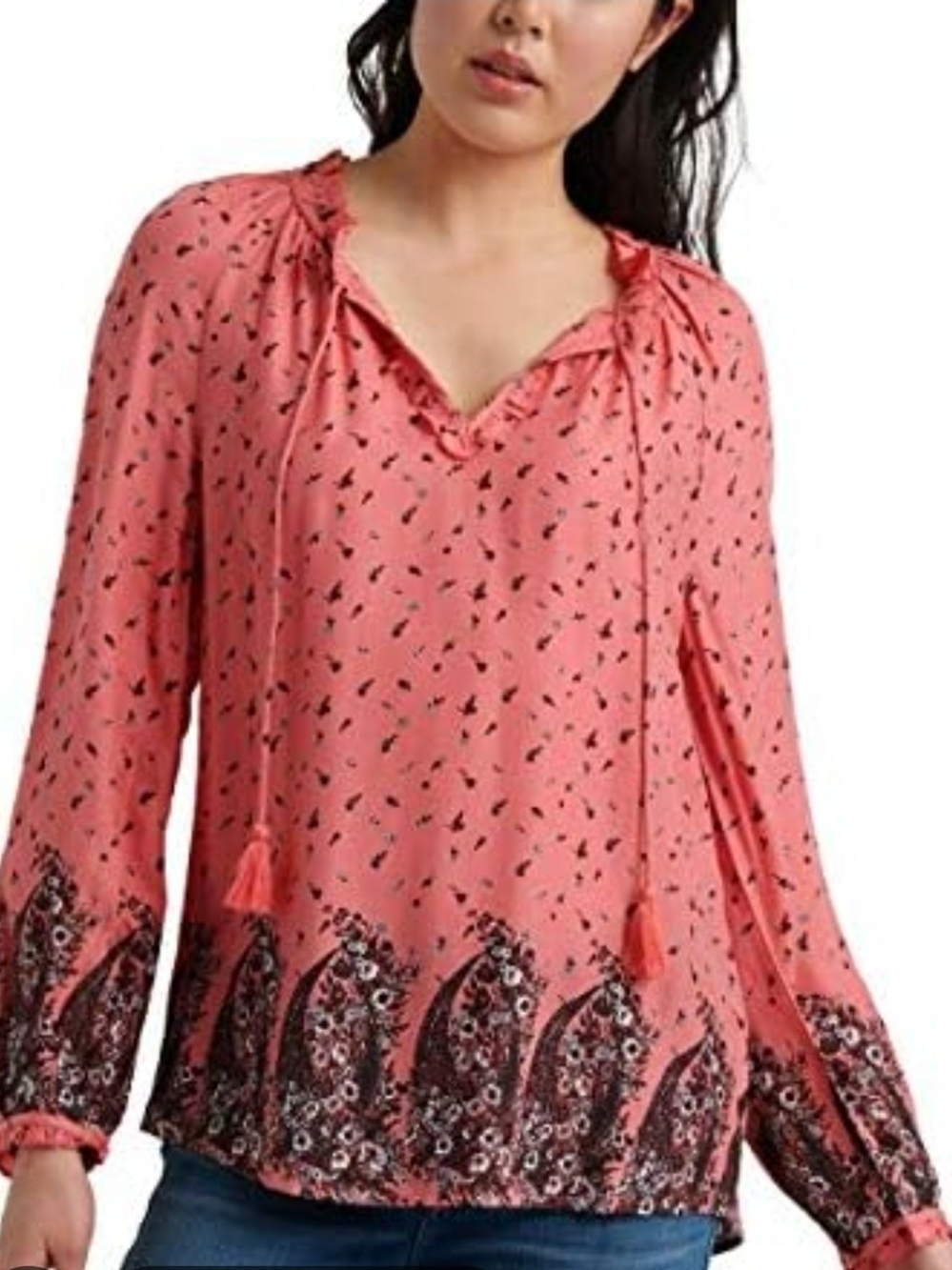 Lucky Brand Coral Paisley-Trim Peasant Blouse